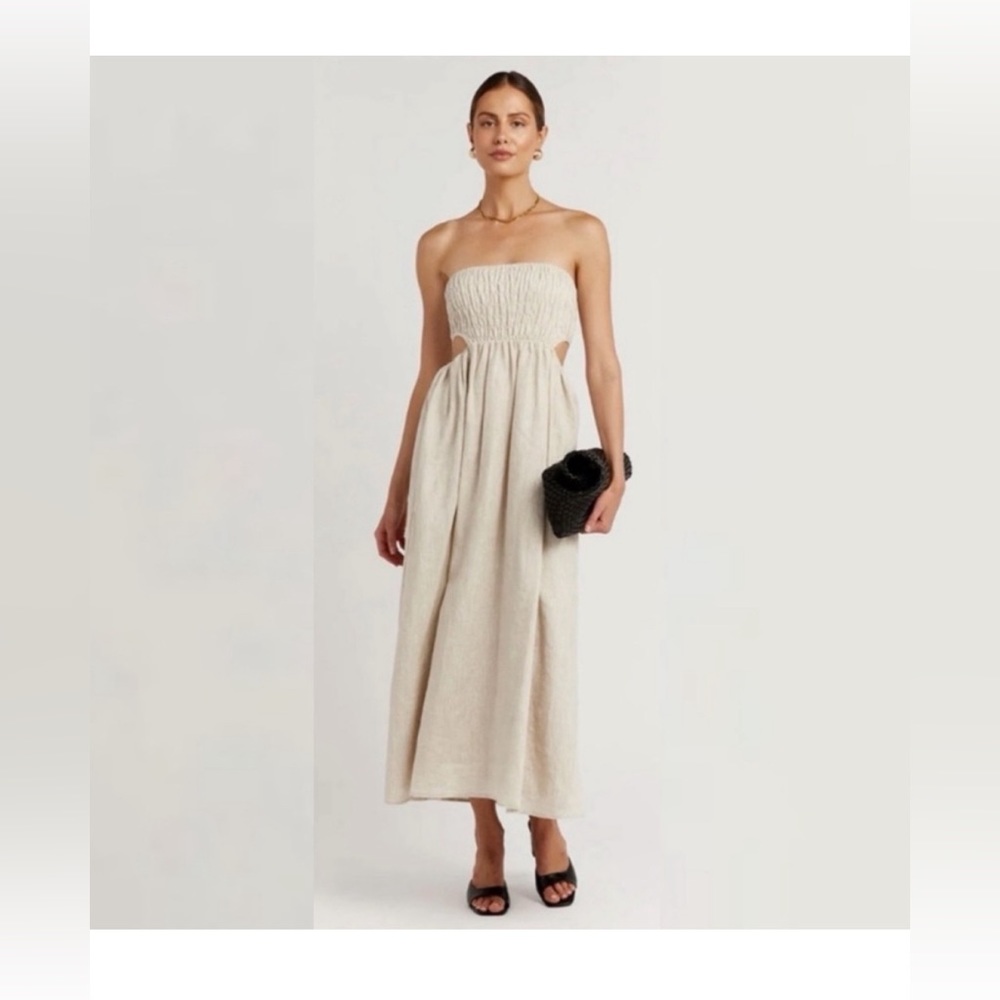 DISSH || Nell Smocked Strapless Cutout Midi Dress in Natural Tan US 8
